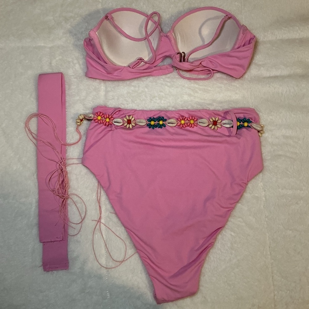 Pink Bikini Set with Floral Belt - Picture 3 of 5
